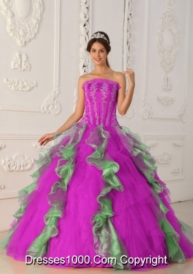 Strapless Fuchsia and Green Quinceanera Gowns with Appliques and Beading