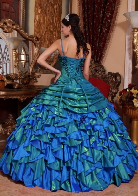 2014 Affordable Colourful Puffy Straps Embroidery Quinceanera Dress with Beading