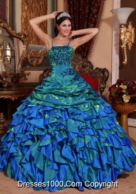 2014 Affordable Colourful Puffy Straps Embroidery Quinceanera Dress with Beading
