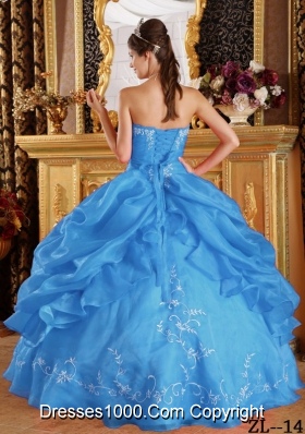 2014 Aqua Blue Ball Gown Strapless  Embroidery Quinceanera Dress with Pick-ups