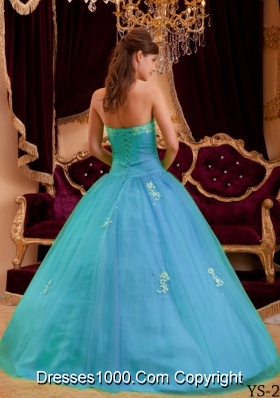 2014 Beautiful Blue Princess Strapless Appliques Tulle Quinceanera Dress