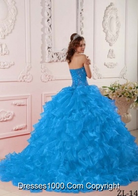 2014 Beautiful Quinceanera Dress in Teal with Ruffles And Embroidery