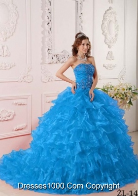 2014 Beautiful Quinceanera Dress in Teal with Ruffles And Embroidery
