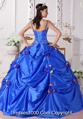 2014 Blue Puffy Spaghetti Straps Quinceanera Dress with Beading and Hand Made Flower