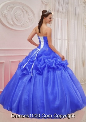 2014 Blue Puffy Strapless Ruching and Beading Quinceanera Dress with Pick-ups