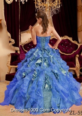 2014 Blue Puffy Sweetheart Beading Leopard and Organza Quinceanera Dress with Ruffles