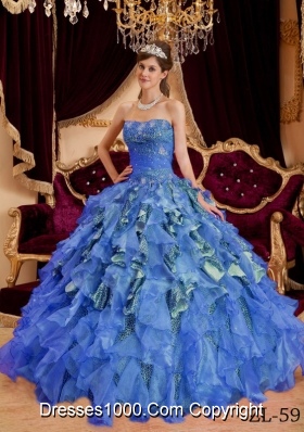 2014 Blue Puffy Sweetheart Beading Leopard and Organza Quinceanera Dress with Ruffles
