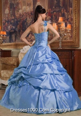 2014 Blue Quinceanera Dress Puffy One Shoulder with Hand Made Flowers and Beading