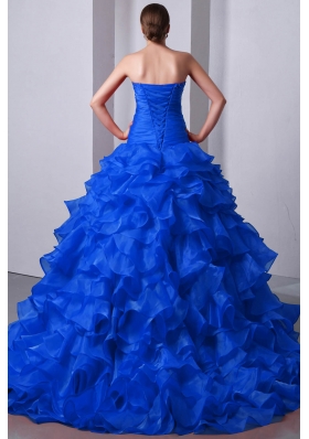 2014 Elegant Blue Princess Sweetheart Brush Train Organza Quinceanea Dress with Beading and Ruffles