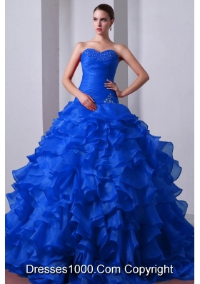 2014 Elegant Blue Princess Sweetheart Brush Train Organza Quinceanea Dress with Beading and Ruffles