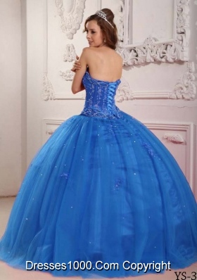 2014 Elegant Puffy Strapless Beading in Blue Quinceanera Dress with Appliques