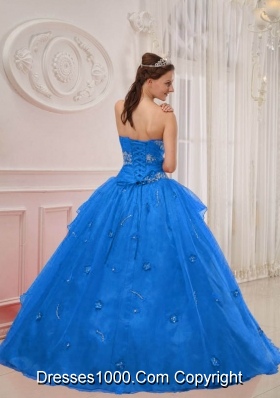 2014 Gorgeous Blue Puffy Strapless Appliques Quinceanera Dress with Beading