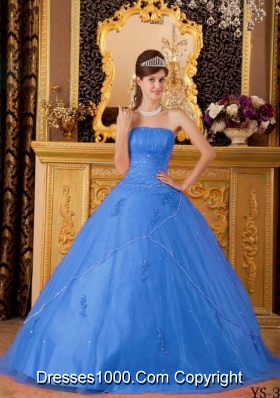 2014 Popular Blue Princess Strapless Appliques Quinceanera Dress with Beading
