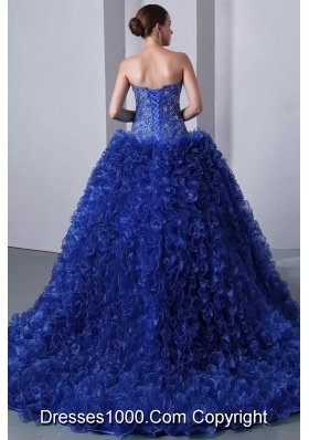 2014 Popular Blue Princess Sweetheart Brush Train Quinceanea Dress with Beading and Ruffles