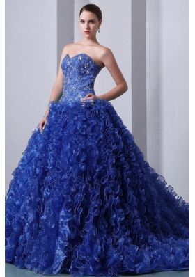 2014 Popular Blue Princess Sweetheart Brush Train Quinceanea Dress with Beading and Ruffles
