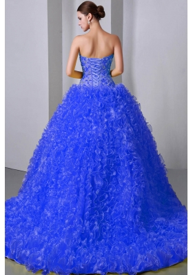 2014 Quinceanea Dress in Blue Princess Sweetheart Brush Train with Beading and Ruffles