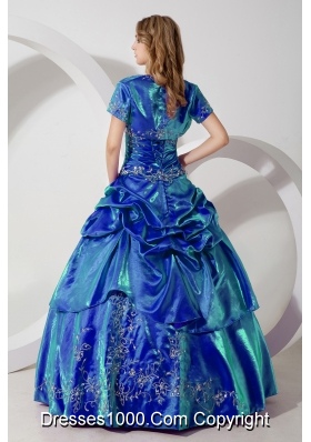 Discount Blue Puffy Strapless Embroidery for 2014 Quinceanera Dresses