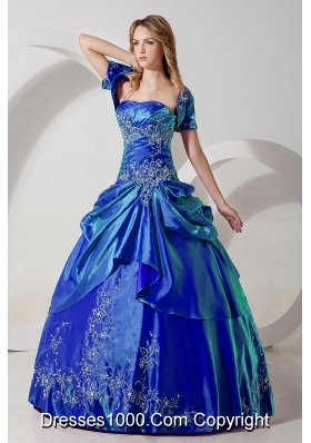 Discount Blue Puffy Strapless Embroidery for 2014 Quinceanera Dresses