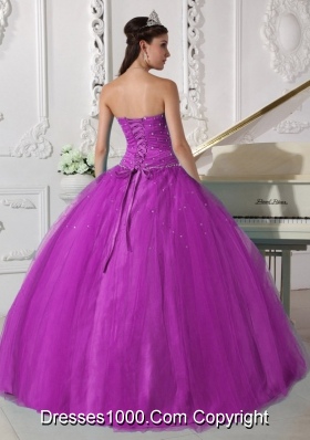 Elegant Fuchsia Strapless Tulle Beading and Ruching Sweet 15 Dresses