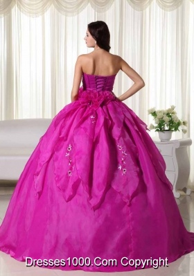 Fuchsia Strapless Organza Appliques and Hand Made Flowers Quinceanera Dress