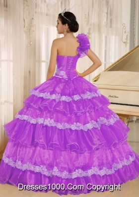 Hand Made Flowers Decorate One Shoulder Quinceanera Dress with Appliques