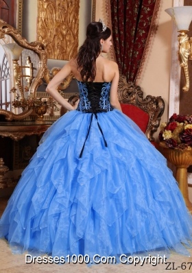 Inexpensive Blue Puffy Sweetheart Embroidery and Beading Quinceanera Dress For 2014