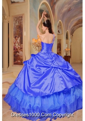 Lovely Blue Puffy One Shoulder for 2014 Quinceanera Dress with Appliques and Hand Made Flowers