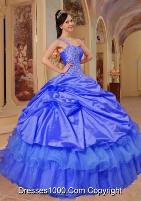 Lovely Blue Puffy One Shoulder for 2014 Quinceanera Dress with Appliques and Hand Made Flowers