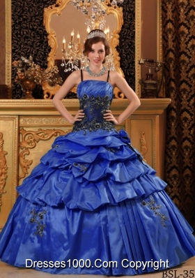 Lovely Royal Blue Puffy Straps For 2014 Appliques Quinceanera Dress