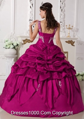 Modest Fuchsia Scoop Taffeta Appliques and Pick-ups Quinceanera Dress