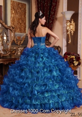 Peacock Blue Puffy Sweetheart For 2014 Beading Quinceanera Dress with Ruffles