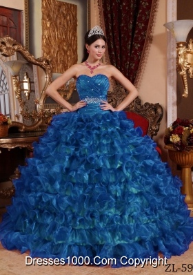 Peacock Blue Puffy Sweetheart For 2014 Beading Quinceanera Dress with Ruffles