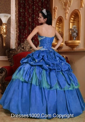 Quinceanera Dress in Blue Puffy for 2014 Strapless with Appliques and Pick-ups