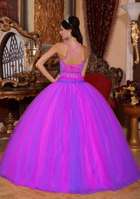 Spaghetti Straps Taffeta and Tulle Beaded Decorate Sweet 16 Dresses