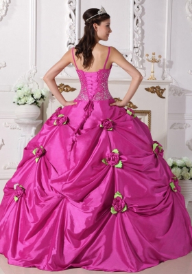 Spaghetti Straps Taffeta Quinceanera Gown with Beading and Hand Made Flowers