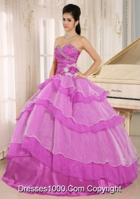 Sweetheart Beading and Hand Made Flower Quinceanera Dress in Fuchsia
