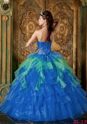 2014 Affordable Blue Puffy Strapless Ruffled Layers Quinceanera Dress with Appliques