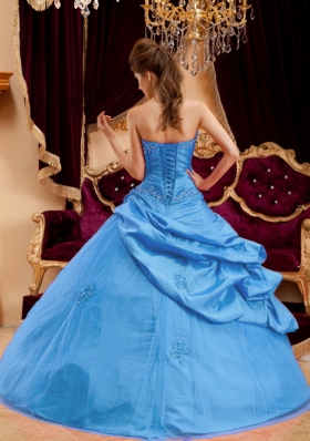 2014 Aqua Blue Puffy Strapless  Appliques Quinceanera Dress with Pick-ups