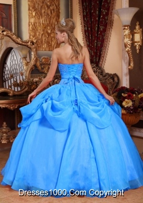 2014 Aqua Blue Puffy Sweetheart Appliques Quinceanera Dress with Pick-ups and Hand Made Flower