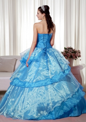 2014 Aqua Blue Puffy Sweetheart Quinceanera Dress with Beading and Hand Made Flower