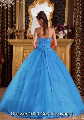 2014 Baby Blue Puffy Halter Appliques Tulle Quinceanera Dress with Beading