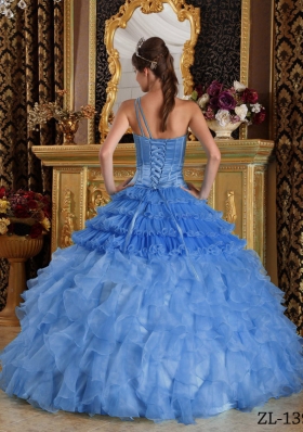 2014 Beautiful Blue Puffy One Shoulder Quinceanera Dress with Beading and Ruffled Layers