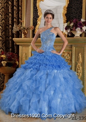 2014 Beautiful Blue Puffy One Shoulder Quinceanera Dress with Beading and Ruffled Layers