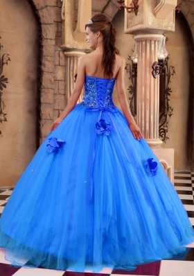 2014 Blue Puffy Strapless Beading Quinceanera Dress with Hand Made Flower