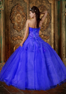 2014 Blue Puffy Sweetheart Appliques Quinceanera Dress with Beading