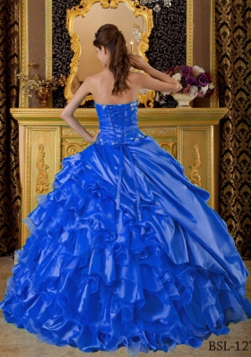 2014 Blue Puffy Sweetheart Appliques Quinceanera Dress with Ruffles