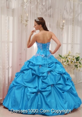 2014 Discount Baby Blue Puffy Sweetheart Appliques Quinceanera Dress with Beading and Pick-ups