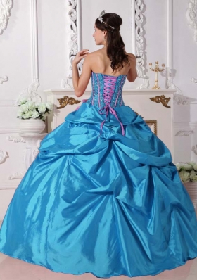 2014 Elegant Teal Puffy Quinceanera Dress Strapless with Beading and Hand Made Flowers