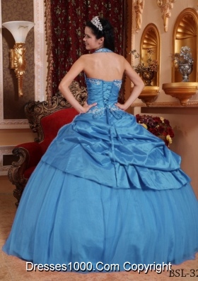 2014 Exclusive Aqua Blue Puffy Halter Appliques Quinceanera Dress with Pick-ups