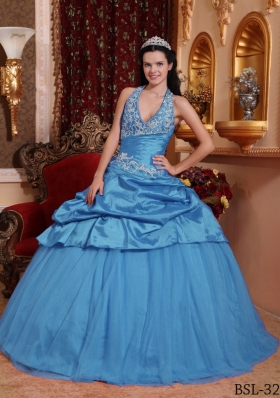 2014 Exclusive Aqua Blue Puffy Halter Appliques Quinceanera Dress with Pick-ups